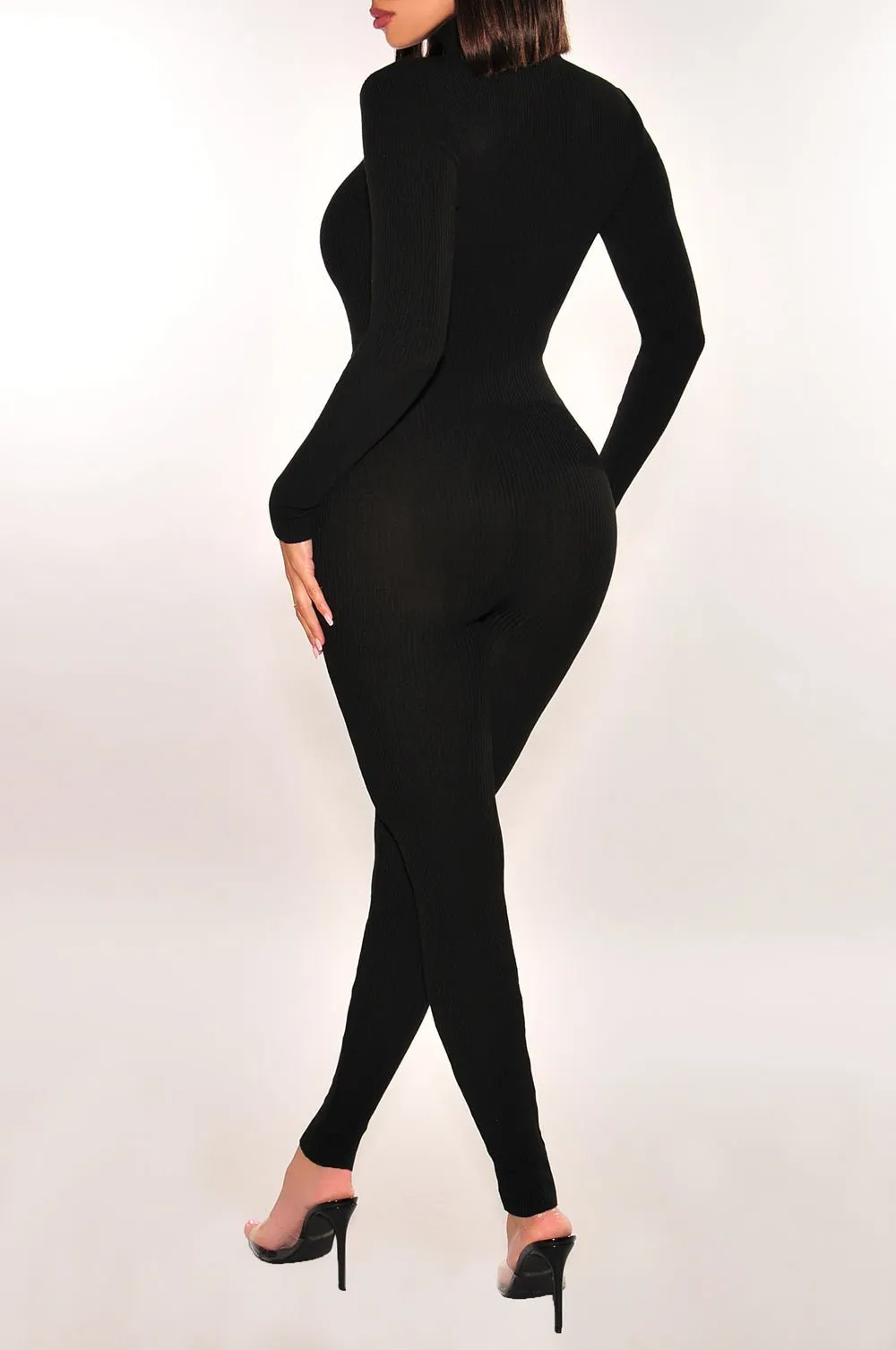 Black Long Sleeve Ribbed Knit Turtleneck Zipper Jumpsuit