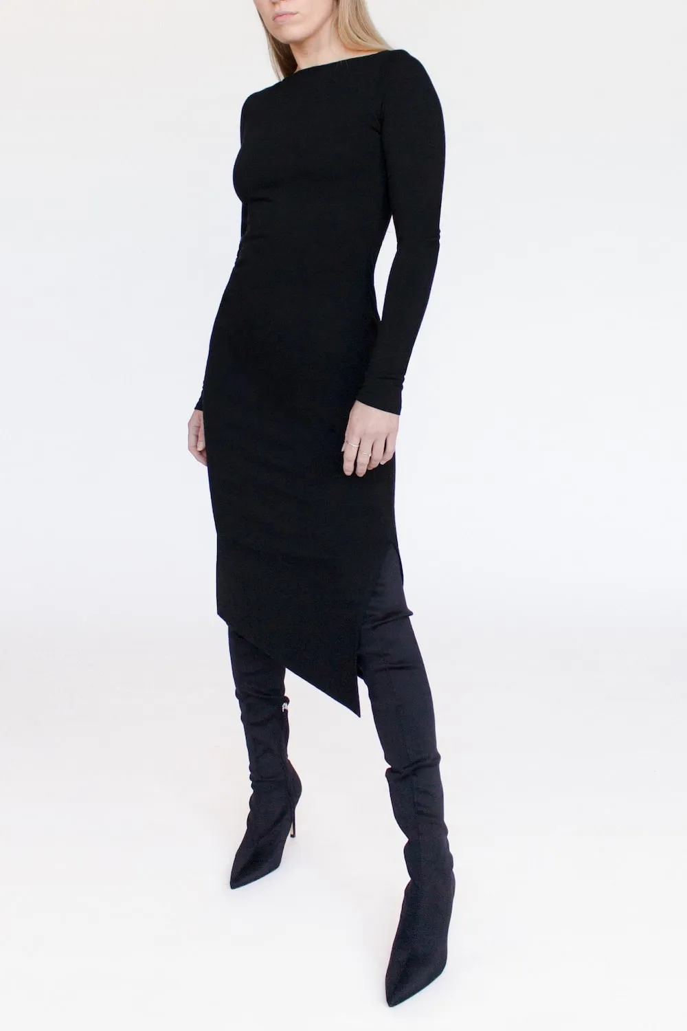 Black Merino Wool Midi Bodycon Dress -- Long Sleeved