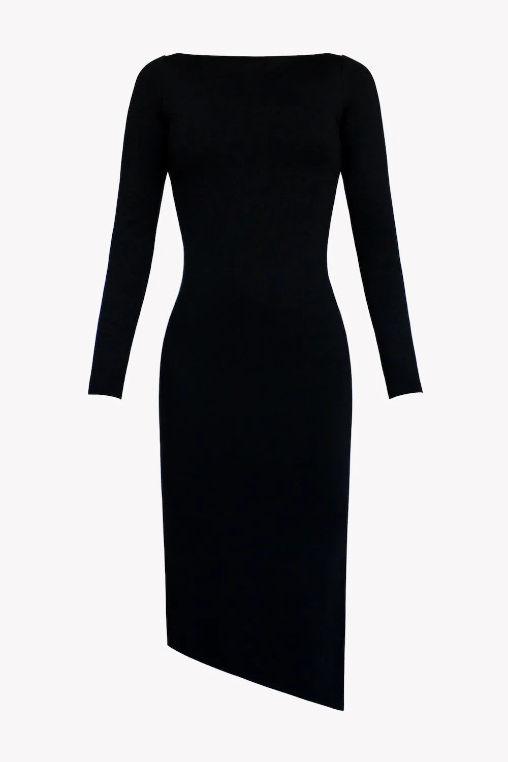 Black Merino Wool Midi Bodycon Dress -- Long Sleeved