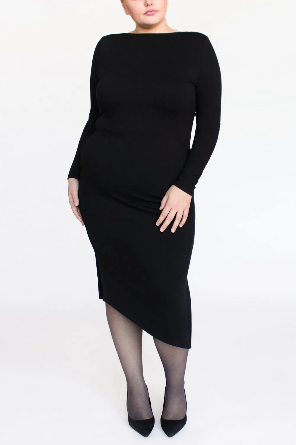 Black Merino Wool Midi Bodycon Dress -- Long Sleeved