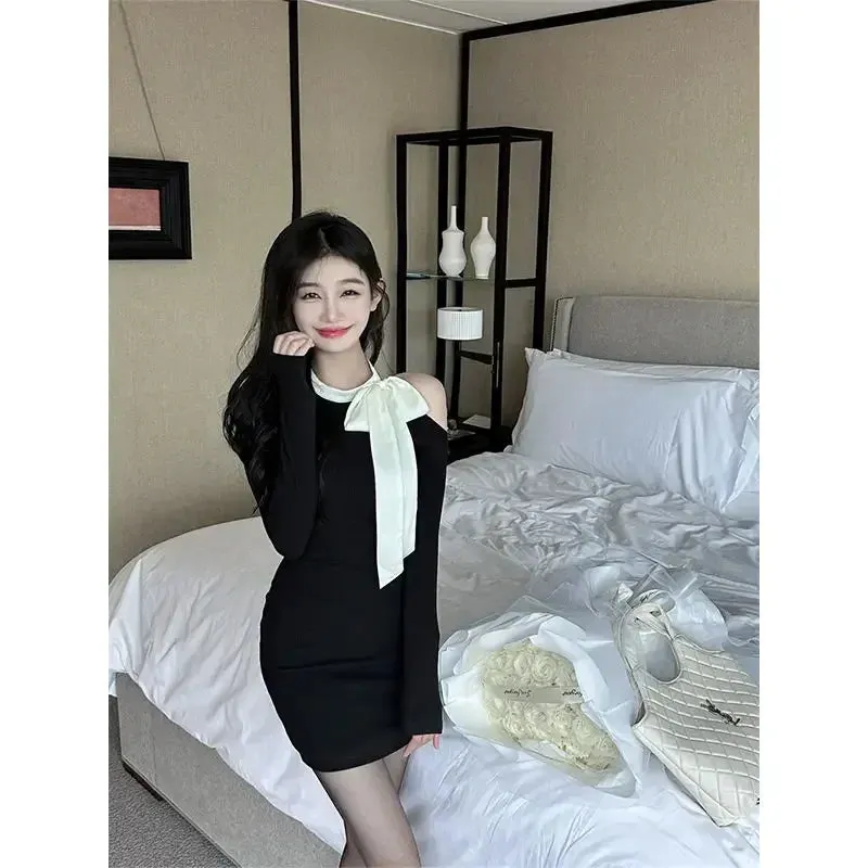 Black Off Shoulder Bodycon Mini Dress Women Sexy Wrap Slim Short Dresses Evening Party Korean Fashion Kpop Bow