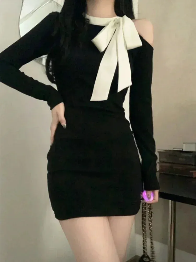 Black Off Shoulder Bodycon Mini Dress Women Sexy Wrap Slim Short Dresses Evening Party Korean Fashion Kpop Bow