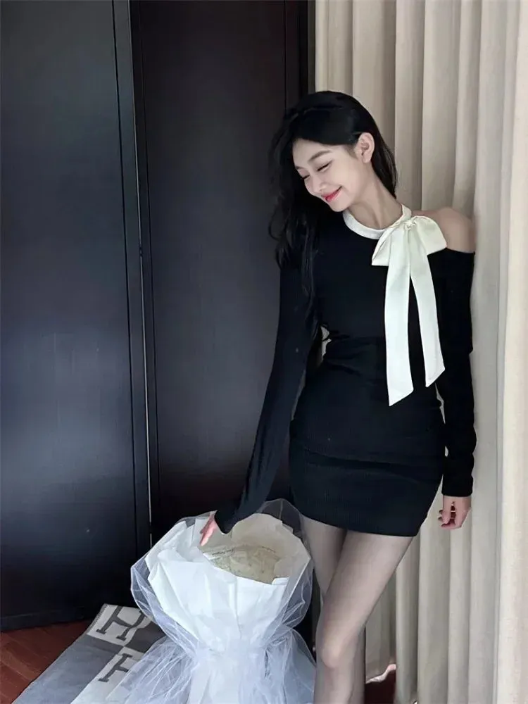 Black Off Shoulder Bodycon Mini Dress Women Sexy Wrap Slim Short Dresses Evening Party Korean Fashion Kpop Bow