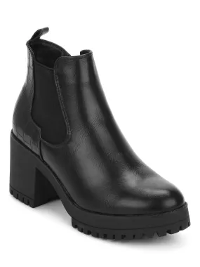 Black PU Cleated Bottom Block Heels Ankle Boots