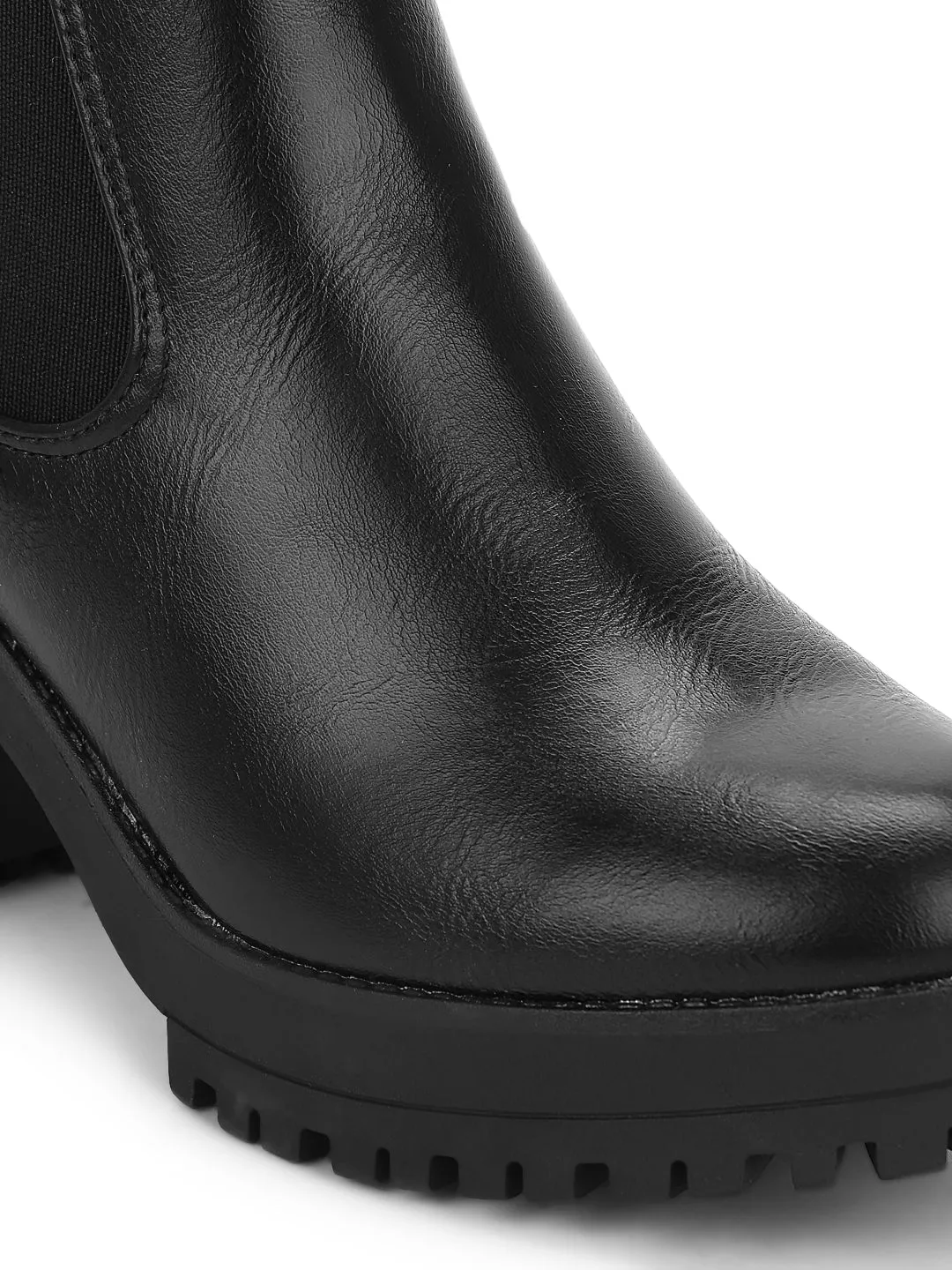 Black PU Cleated Bottom Block Heels Ankle Boots