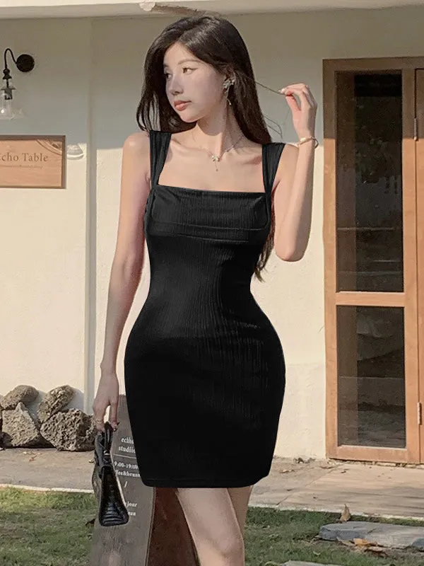 Black Solid Straps Bodycon Dress