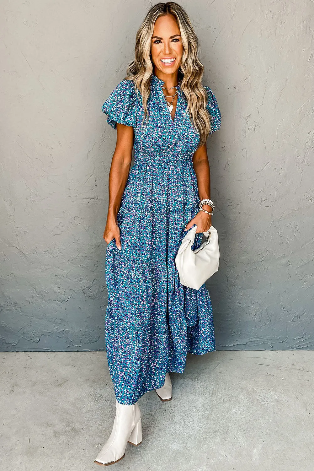 Blue Abstract Print Split V Neck Shirred High Waist Maxi Dress