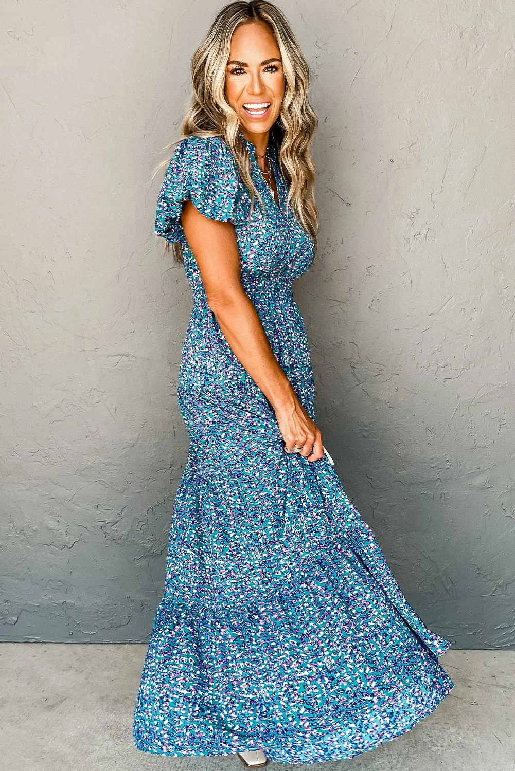 Blue Abstract Print Split V Neck Shirred High Waist Maxi Dress