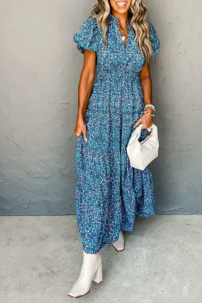 Blue Abstract Print Split V Neck Shirred High Waist Maxi Dress