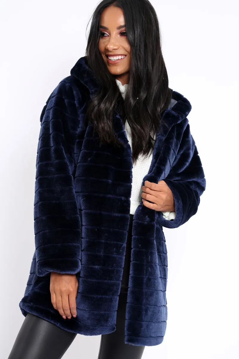 Blue Soft Faux Fur Hooded Coat - Kila