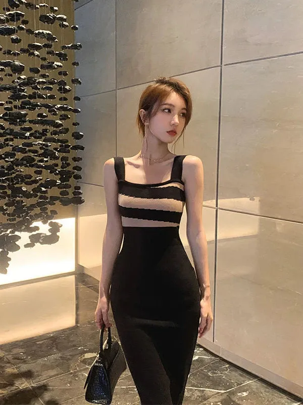 Bodycon Black Stripped Tank Dress Women Office Ladies Elegant Evening Wrap Slim Sheath Dresses Vintage Spring Fashion