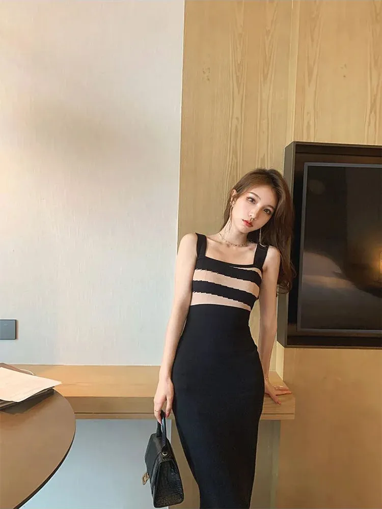 Bodycon Black Stripped Tank Dress Women Office Ladies Elegant Evening Wrap Slim Sheath Dresses Vintage Spring Fashion