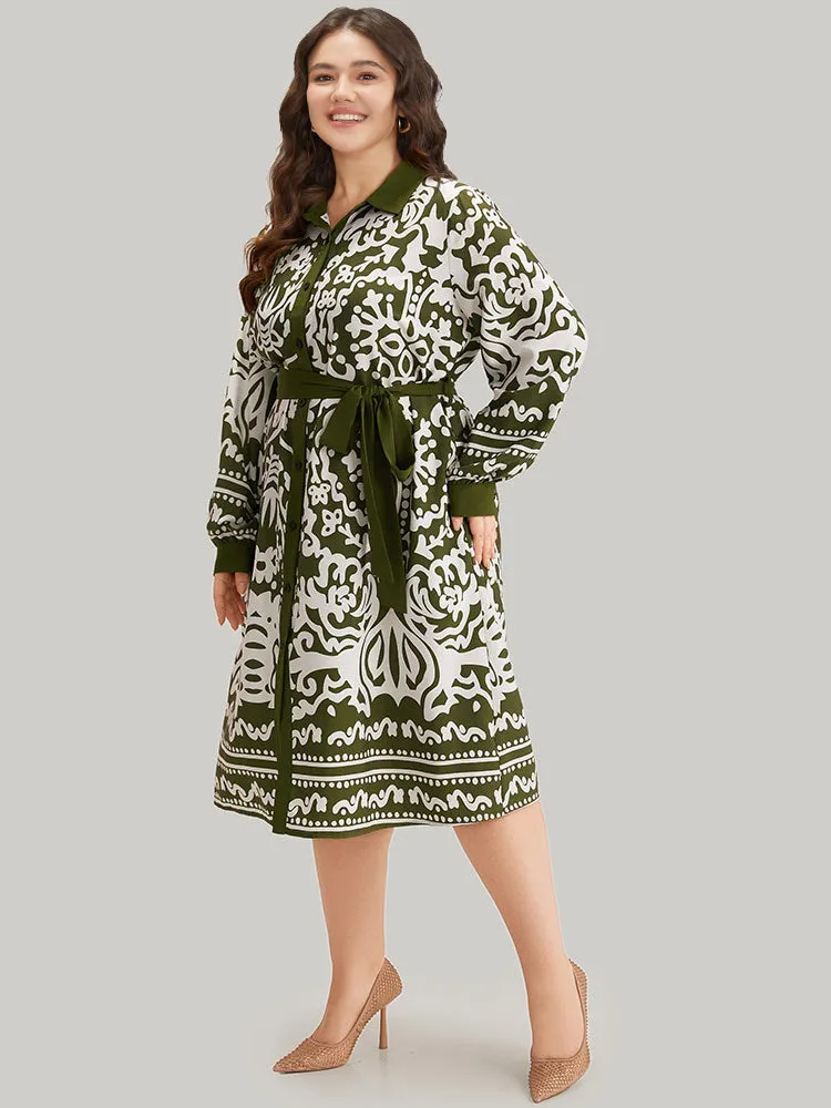 Boho Print Pocket Button Through Belted Contrast Dress