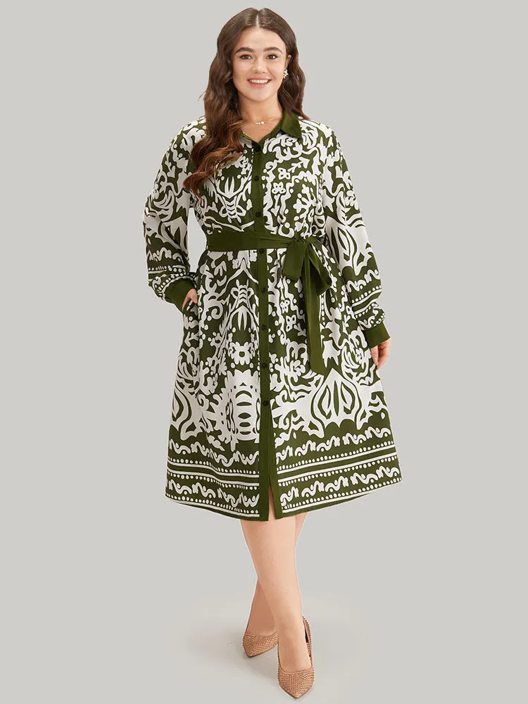 Boho Print Pocket Button Through Belted Contrast Dress