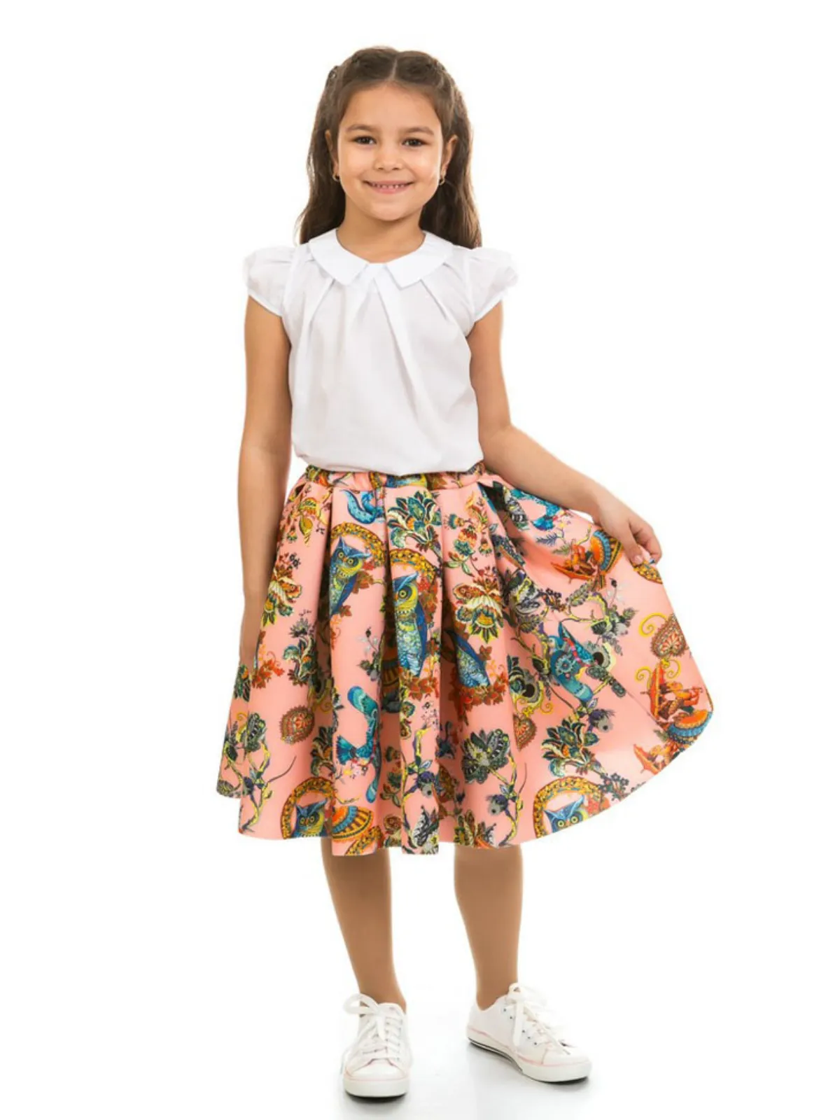 Botanical Owl Coral Neoprene Pleated Skirt by Kids Couture