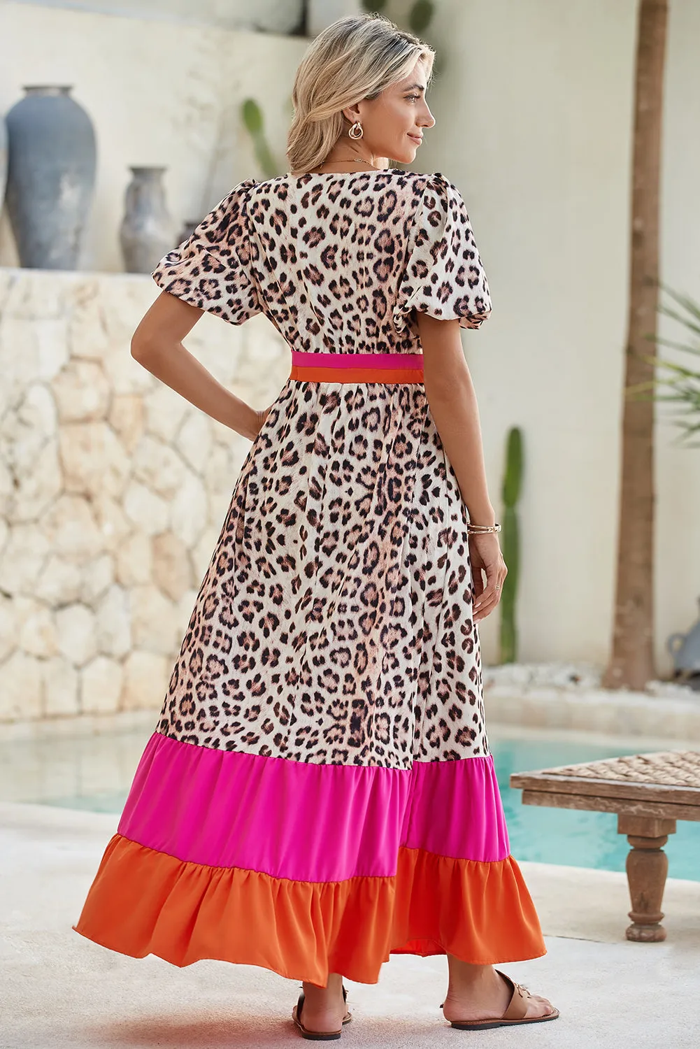 Bright Pink V-neck Leopard Print Colorblock Maxi Dress