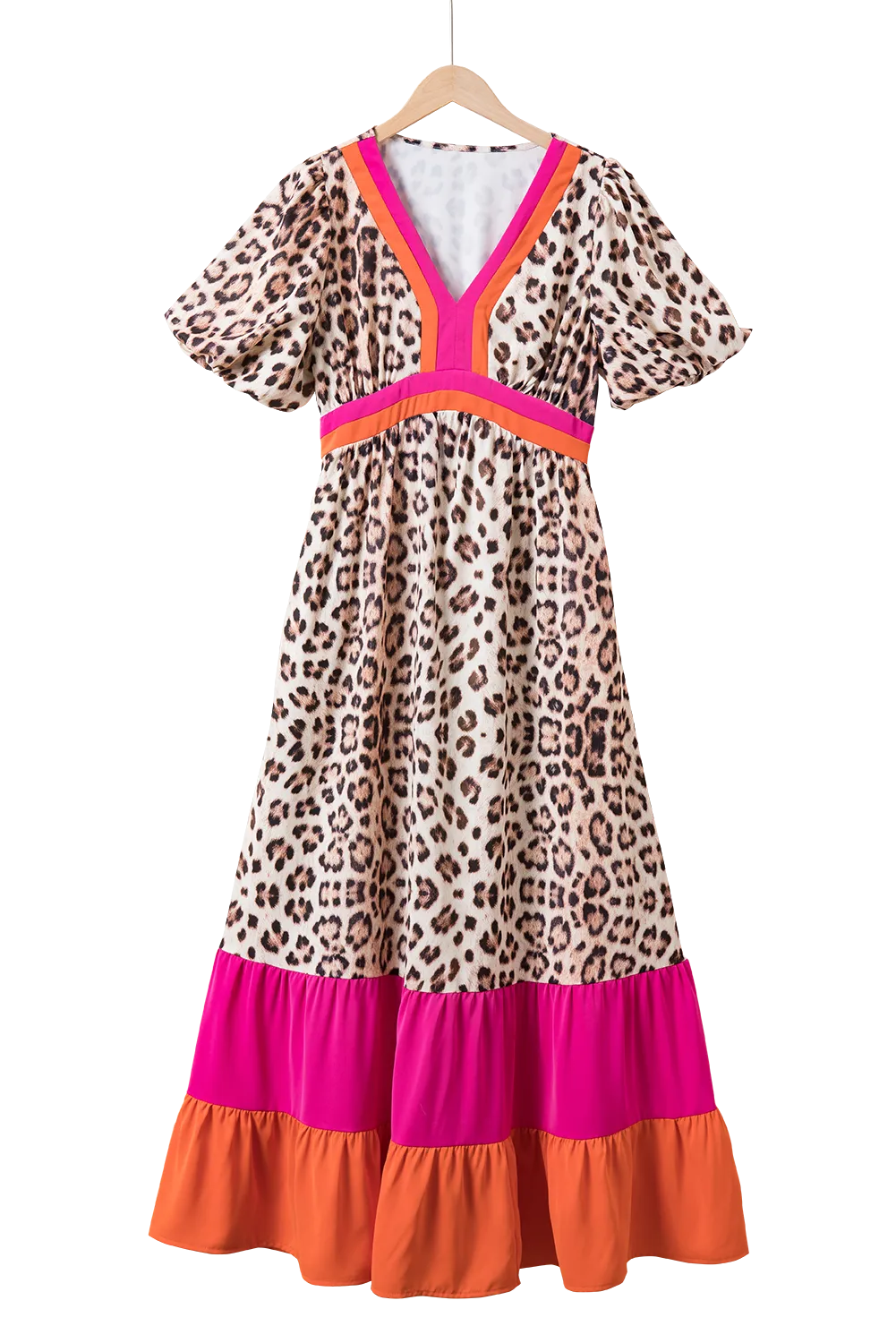 Bright Pink V-neck Leopard Print Colorblock Maxi Dress