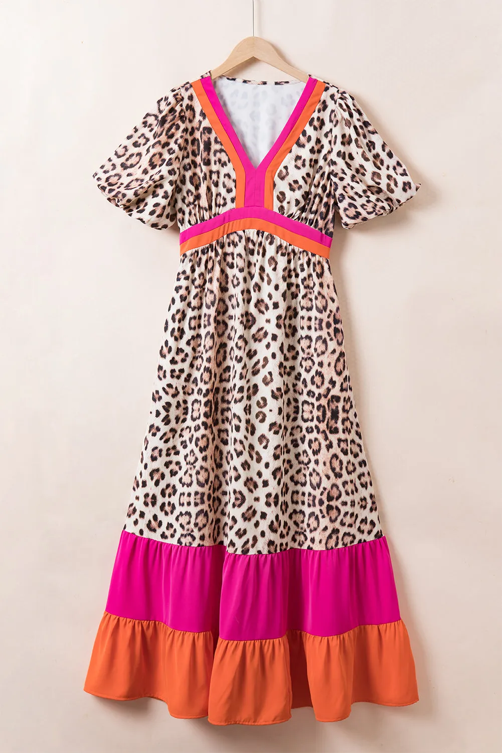 Bright Pink V-neck Leopard Print Colorblock Maxi Dress