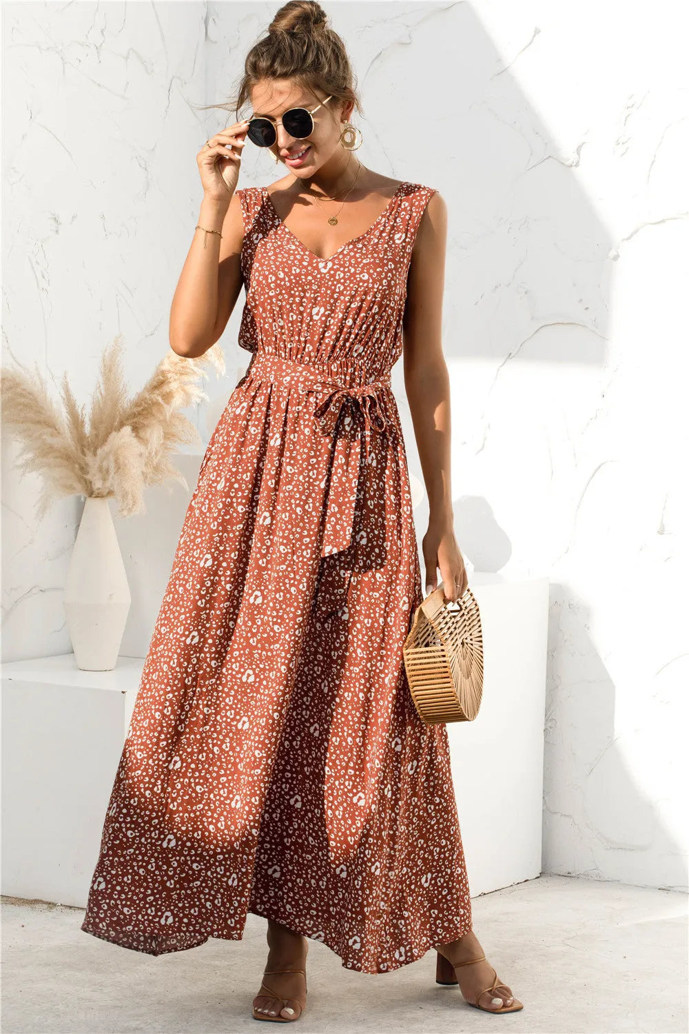 Casual Boho Floral V Neck  Sleeveless Ruffle Hem Dress