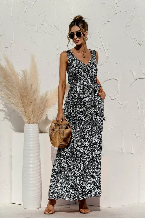 Casual Boho Floral V Neck  Sleeveless Ruffle Hem Dress