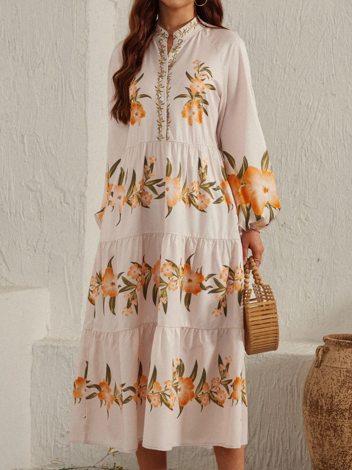 Casual Fall Floral Printed Long Sleeve Midi Dress KESLEY