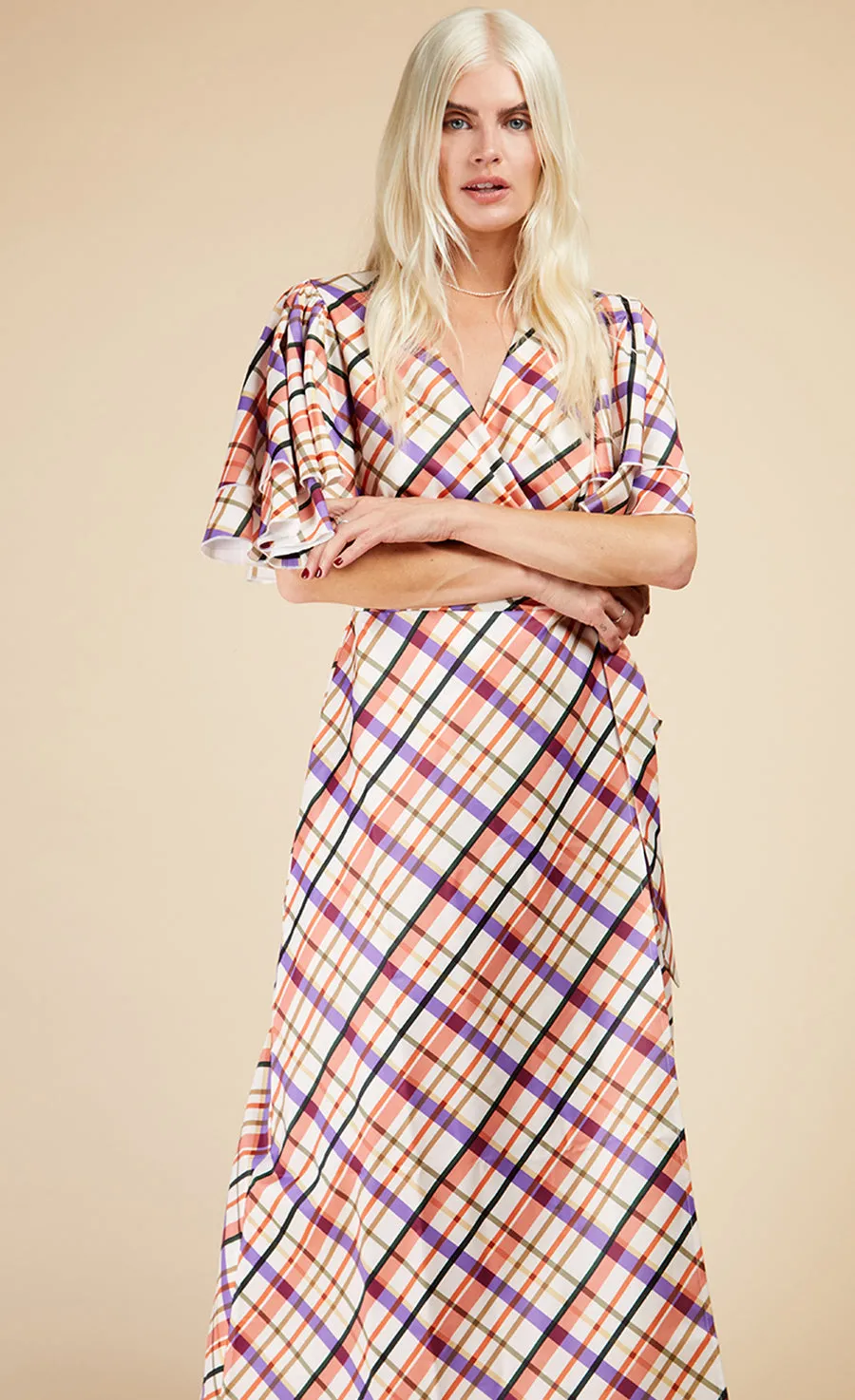 Check Layered Sleeve Midaxi Wrap Dress