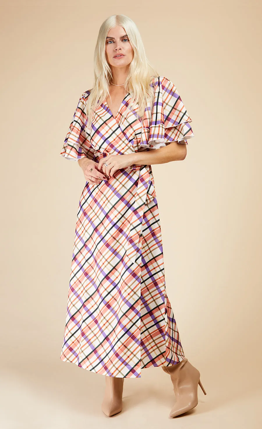 Check Layered Sleeve Midaxi Wrap Dress