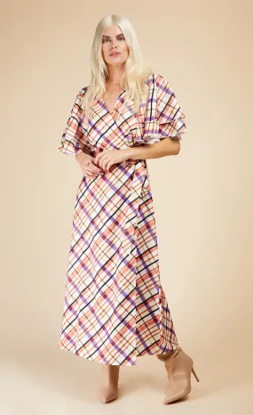 Check Layered Sleeve Midaxi Wrap Dress