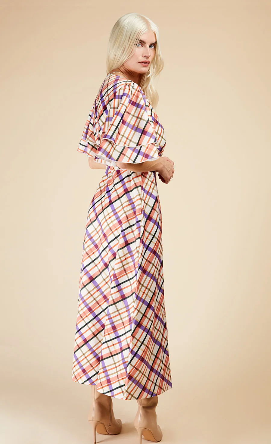 Check Layered Sleeve Midaxi Wrap Dress