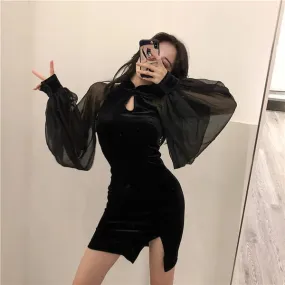 Cheongsam Dress Bodycon Velvet Women Vintage Chinese Style Black Flare Long Sleeve Dress Wrap Sexy Mini Lace Dresses