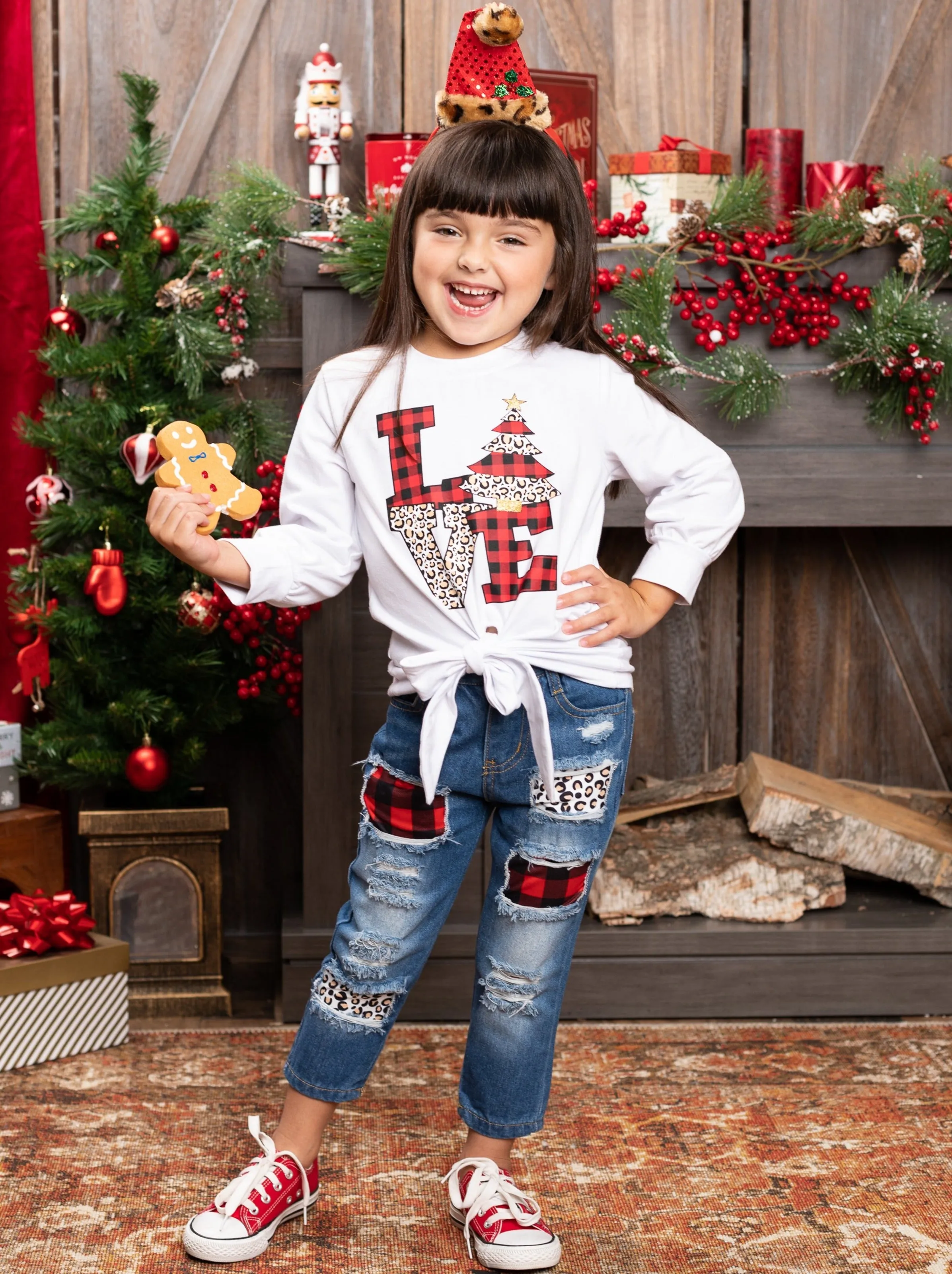 Christmas Love Knot Hem Top and Patched Jeans Set