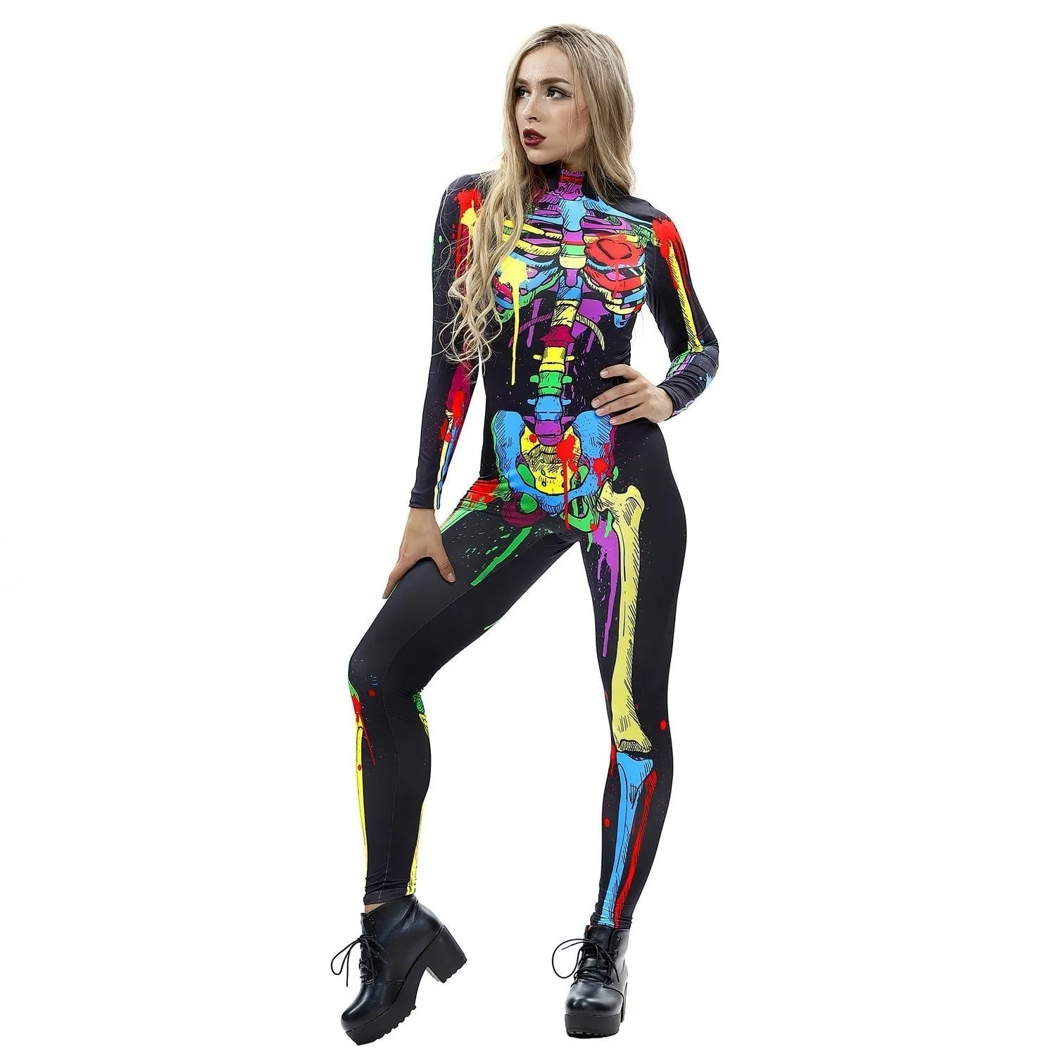 Coloful Skull Halloween Cosplay Costume Bodycon Jumpsuit for Women