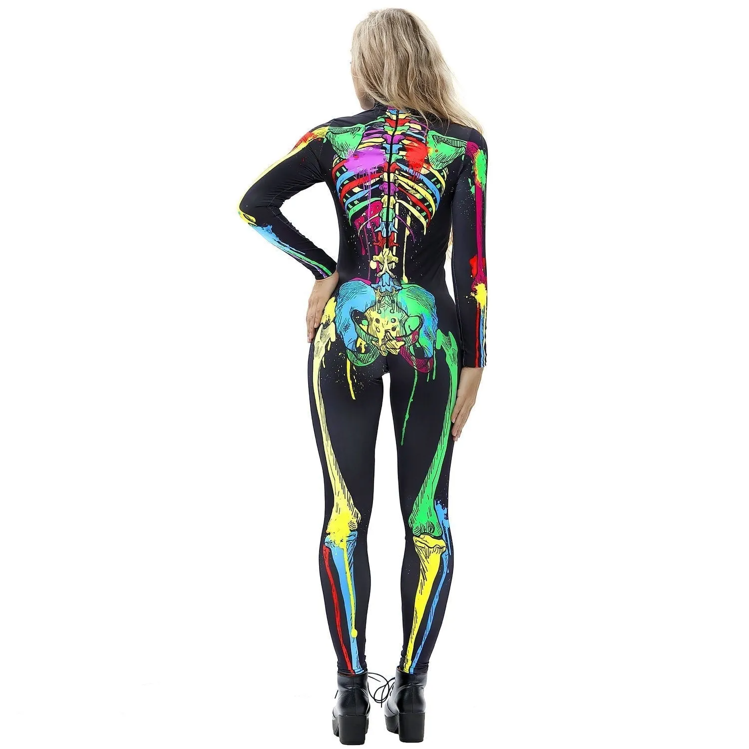 Coloful Skull Halloween Cosplay Costume Bodycon Jumpsuit for Women