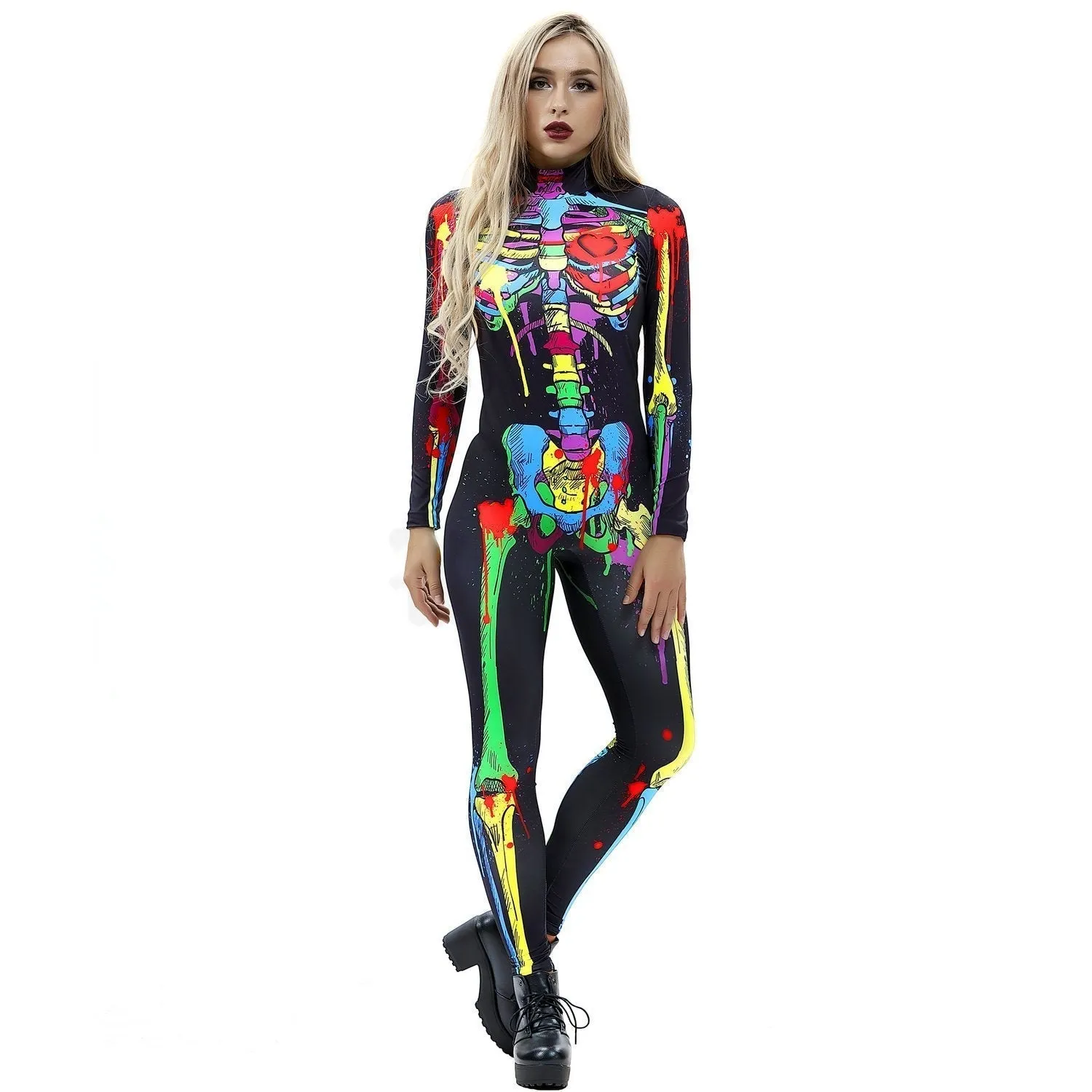 Coloful Skull Halloween Cosplay Costume Bodycon Jumpsuit for Women