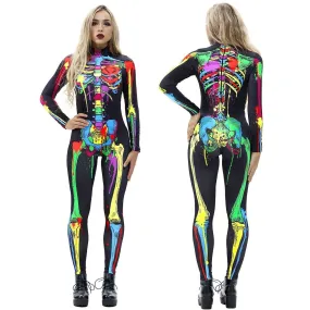 Coloful Skull Halloween Cosplay Costume Bodycon Jumpsuit for Women