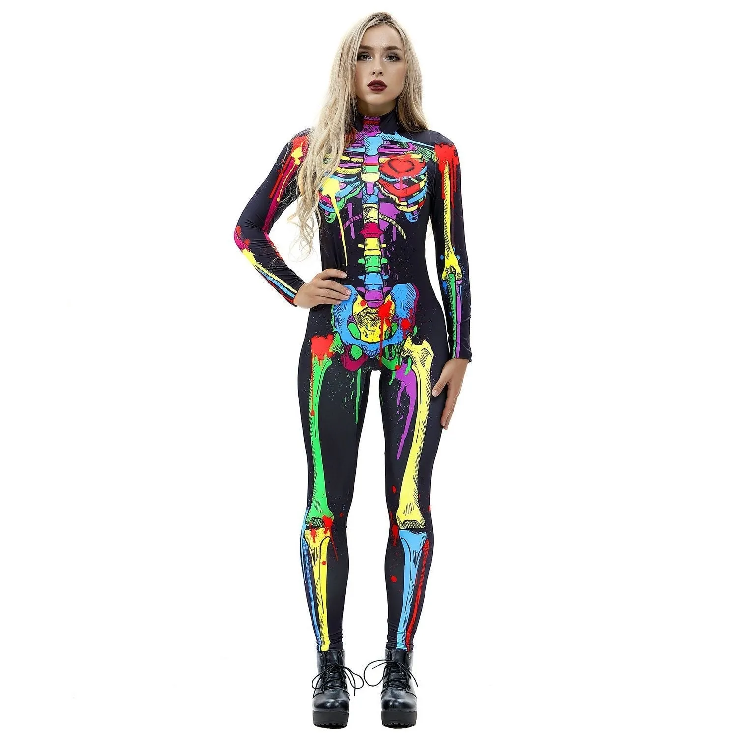 Coloful Skull Halloween Cosplay Costume Bodycon Jumpsuit for Women