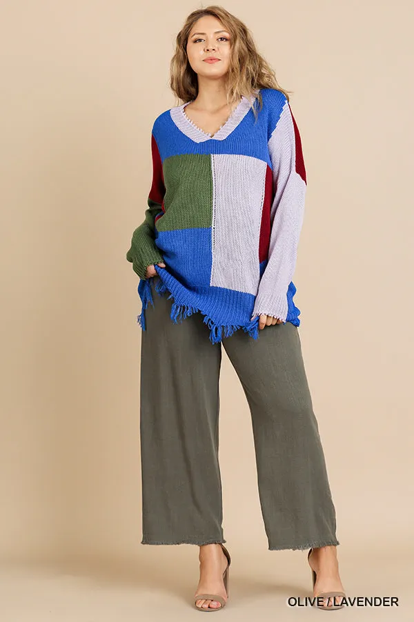 Color Block Frayed Hem Sweater