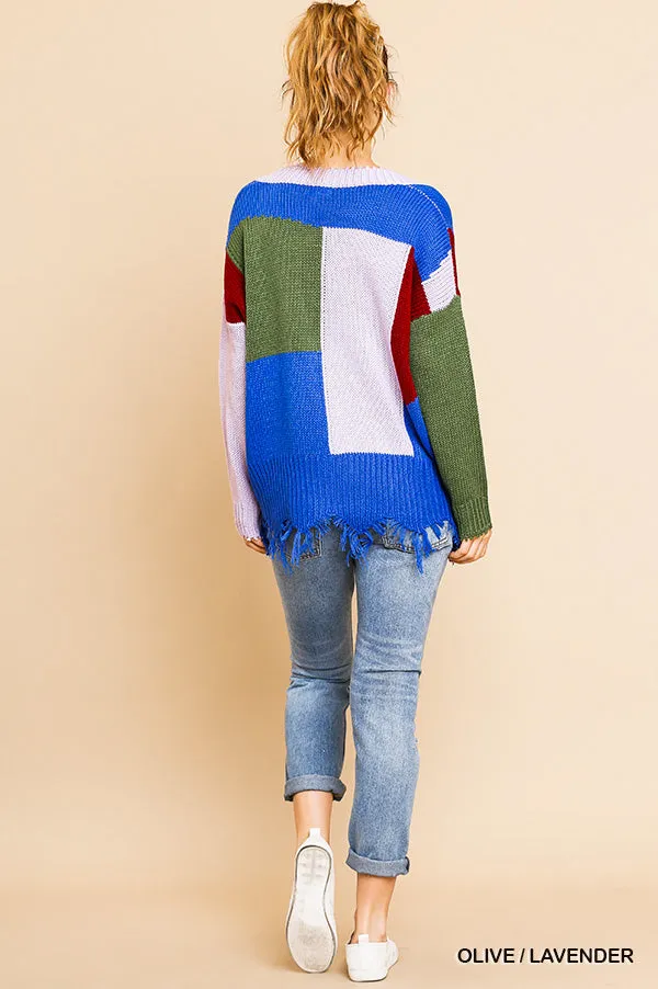 Color Block Frayed Hem Sweater