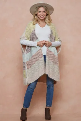 Color Block Stripe with Fluffy Yarn Kimomo Open Front Cardigan Sweater