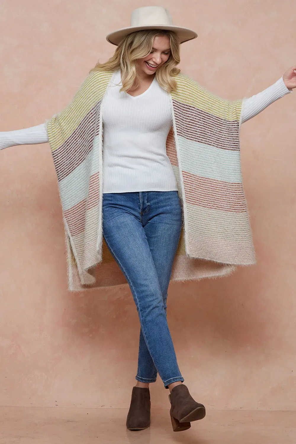 Color Block Stripe with Fluffy Yarn Kimomo Open Front Cardigan Sweater