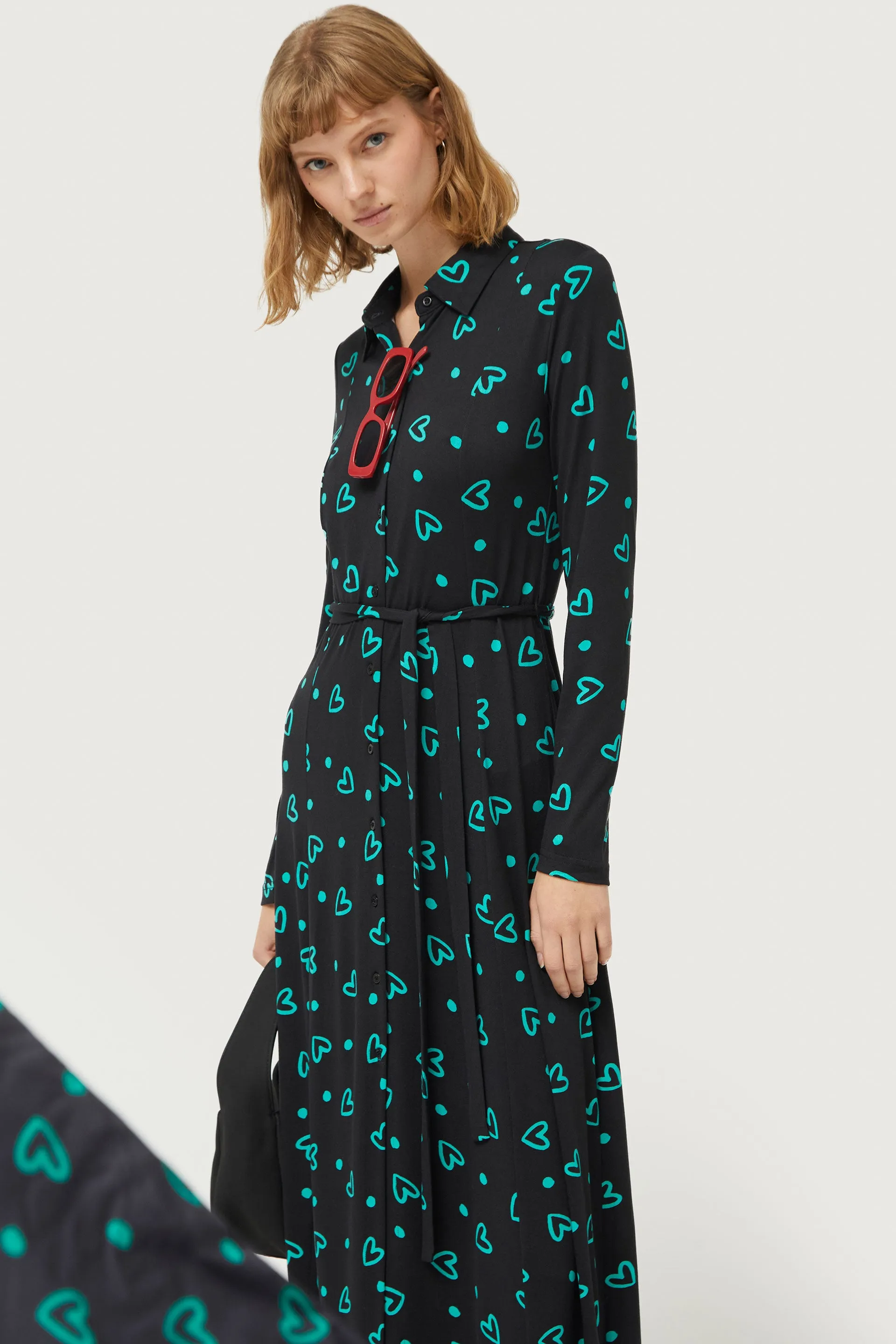 Compañia Fantastica - Green Doodle Heart Button Up Dress