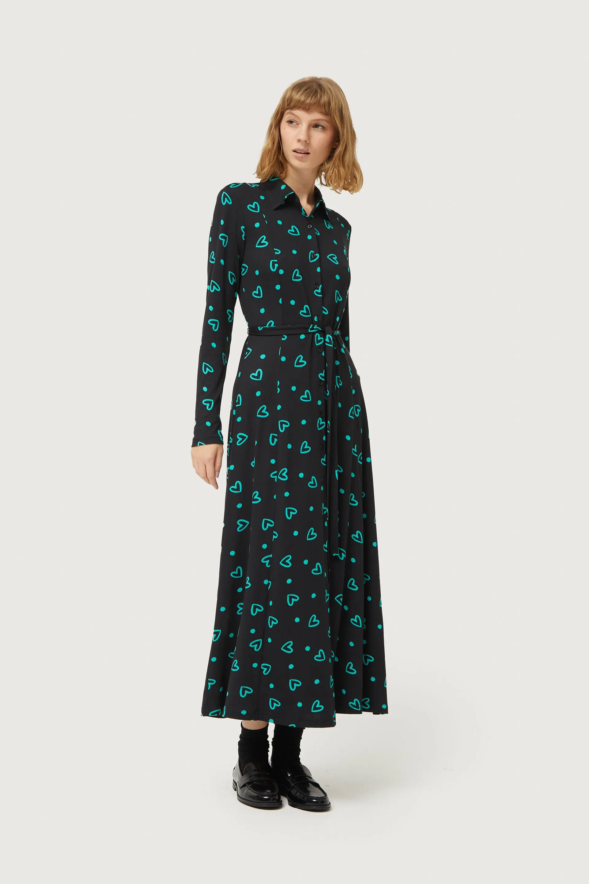 Compañia Fantastica - Green Doodle Heart Button Up Dress