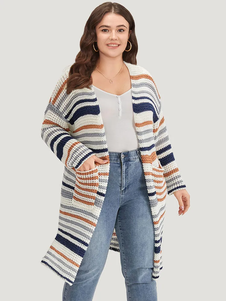 Contrast Striped Patched Pocket Split Side Cardigan