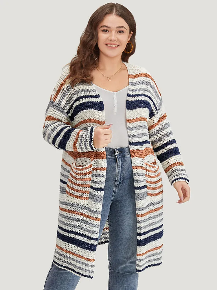 Contrast Striped Patched Pocket Split Side Cardigan