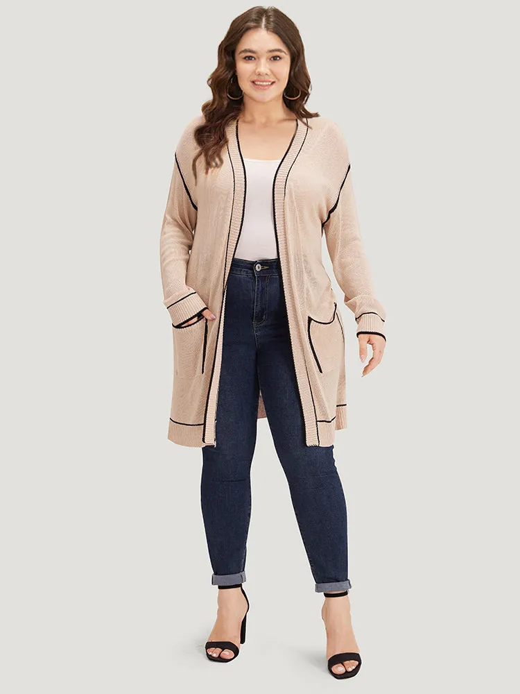 Contrast Trim Patched Pocket Drop Shoulder Cardigan