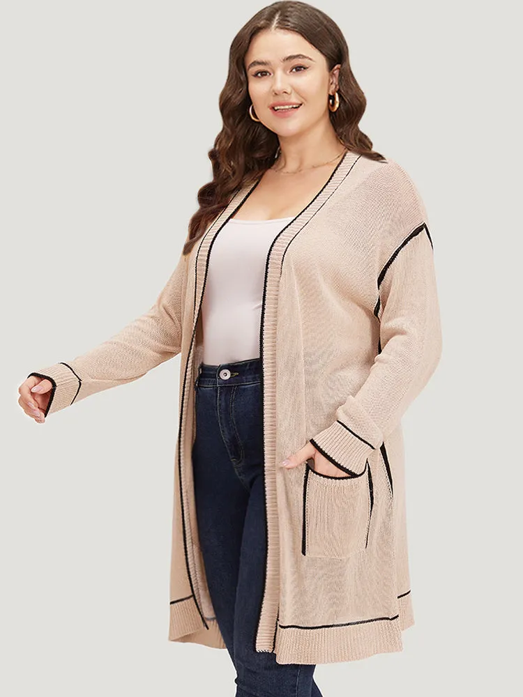 Contrast Trim Patched Pocket Drop Shoulder Cardigan