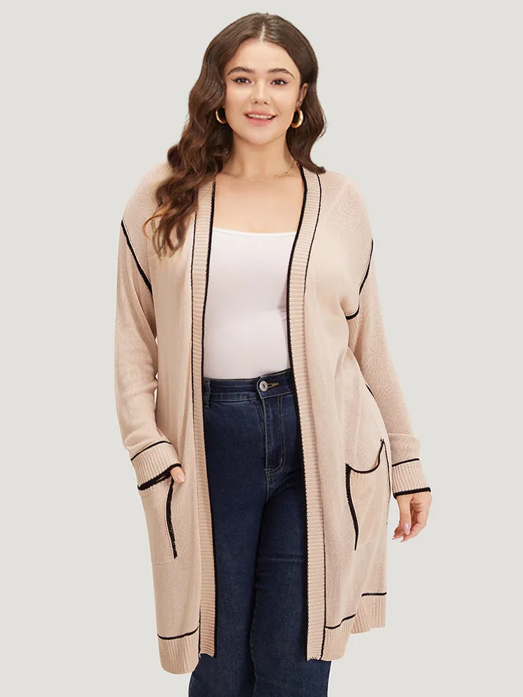 Contrast Trim Patched Pocket Drop Shoulder Cardigan