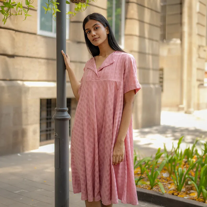 Cotton A-Line Dress for Women | Pink | Checkered