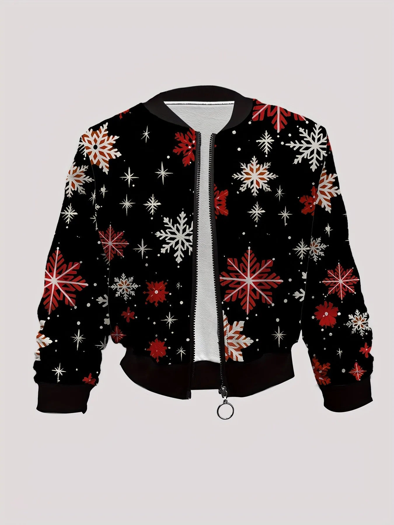 Cozy Christmas Pattern Bomber Jacket - Casual Polyester Knit Fabric Jacket with Zipper, Short Sleeve, Baseball Collar, Sweatshirt Design for All Seasons, Perfect for Outdoor Activities