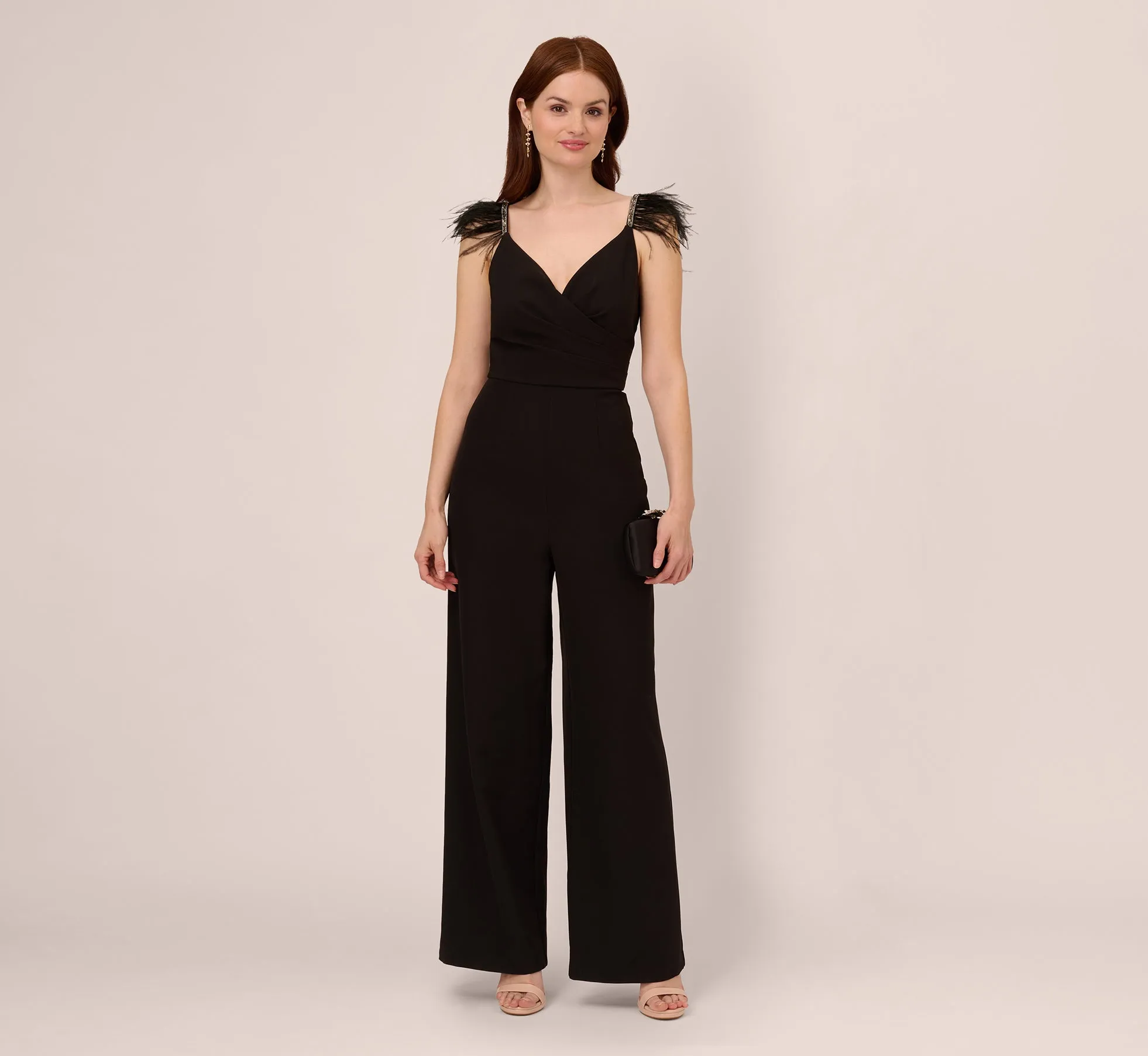 Crepe Wide Leg Jumpsuit With Bead And Feather Accents In Black